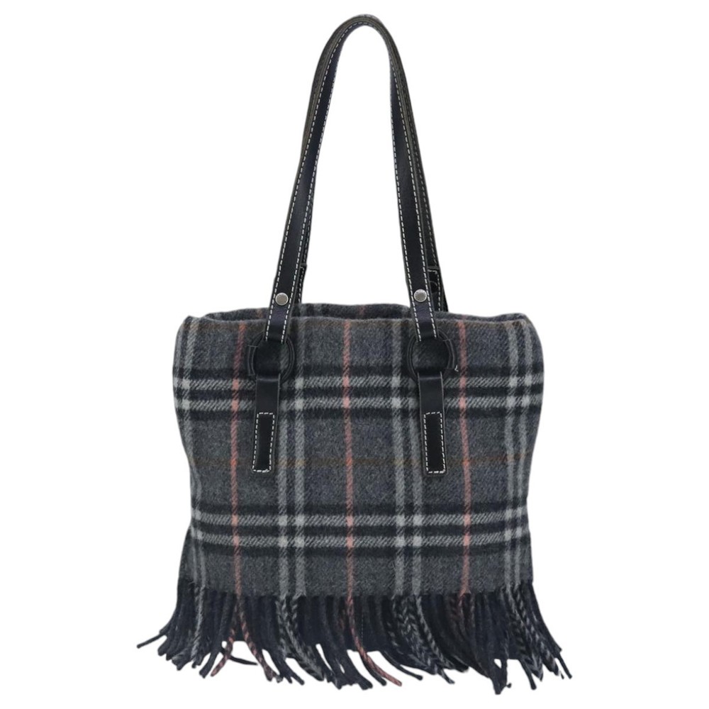 BURBERRY Nova Check Scarf Style Blue Label Hand Bag Wool Gray Silver Auth 96942 - Picture 2 of 16